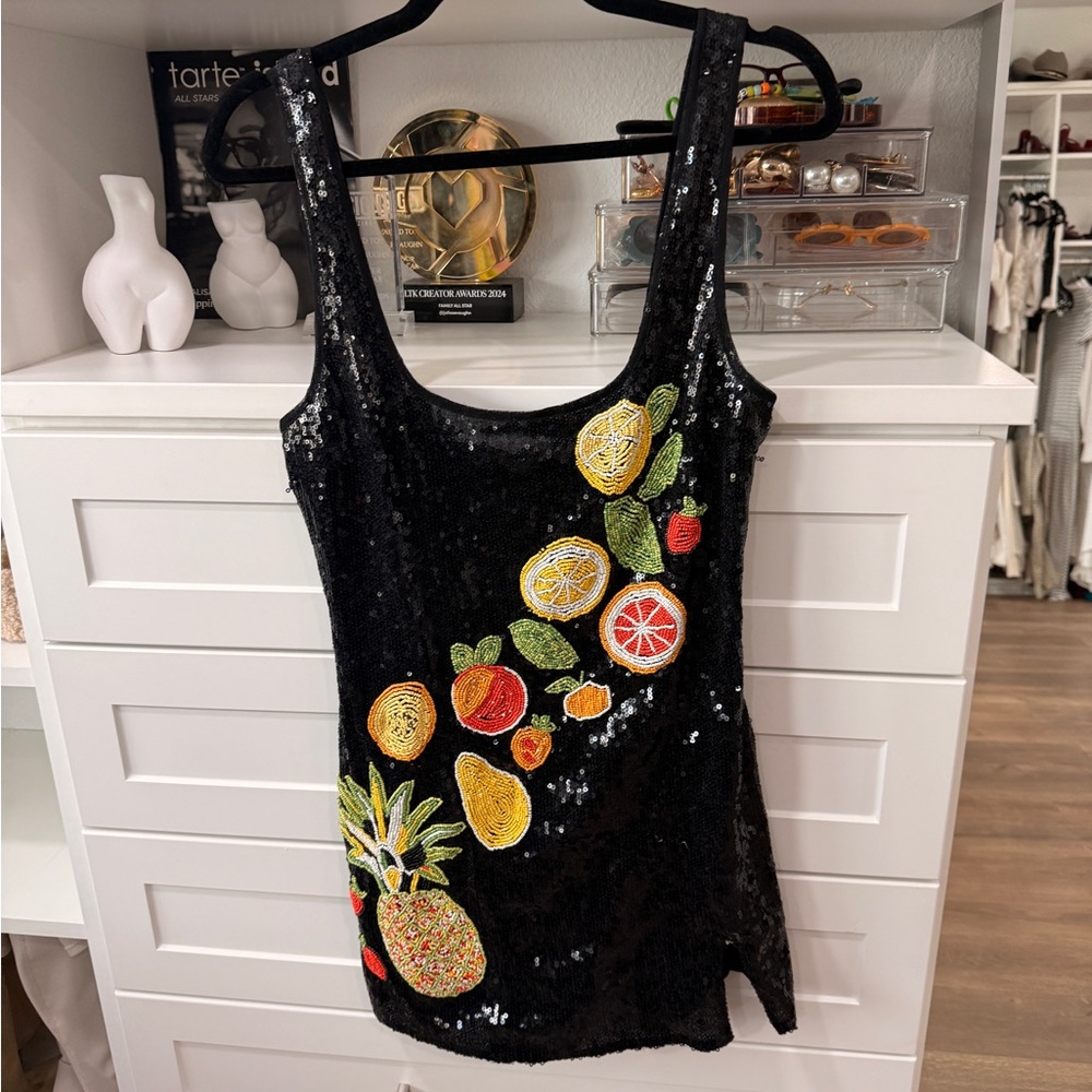 Sequin Fruit Appliqué Mini Dress - Black - Picture 2 of 3